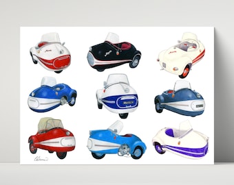 Brütsch Mopetta Microcars Bubblecars print - archival print created from drawings of colourful Brütsch Mopettas