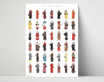 42 New York Fire Hydrants - archival print featuring colourful drawings of NYC fire hydrants