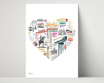 Heart of Glasgow - archival, giclée print featuring drawings of Glasgow icons, signs and places.