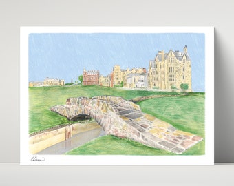 Swilcan Bridge, Old Golf Course, Saint Andrews - archival print of illustration