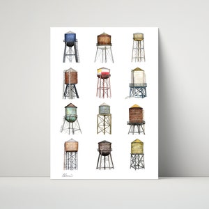 May include: A watercolour illustration of 12 water towers in various colours and styles. The towers are all on a white background.