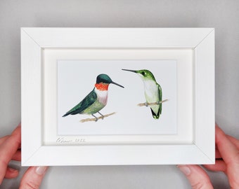 Pair of Ruby Throated Hummingbirds - Framed Giclée Print