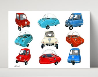 Peel P50 and Trident Microcars Bubblecars print - archival print created from drawings of colourful Peel Microcars