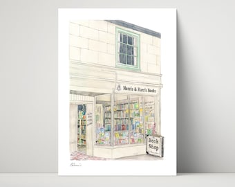 Harris and Harris Bookshop - archival print of illustration / drawing