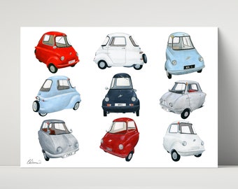 Scootacar Microcars Bubblecars print - archival print created from drawings of Scootacar bubble cars