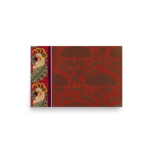 May include: A rectangular print featuring a red background with a repeating pattern of brown trees and running animals. A vertical border on the left side displays a repeating design of white and gold birds and foliage against a red background.