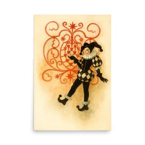 COEUR MASQUÉ - Art mural bouffon surréaliste, impression aquarelle arlequin, décoration surréaliste moderne, affiche de cartes à jouer vintage