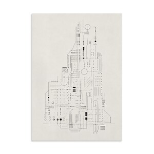 May include: A vertical rectangular print featuring a complex black line drawing on a light off-white background. The artwork consists of a dense arrangement of geometric shapes, including circles, squares, dots, and thin lines, creating a technical, schematic-like composition that resembles a circuit board or a blueprint.
