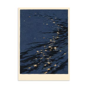 May include: A rectangular art print featuring a dark navy blue background with a textured, rippling water effect in black. Scattered across the surface are numerous gold-colored, four-pointed stars of varying sizes, creating a shimmering reflection.