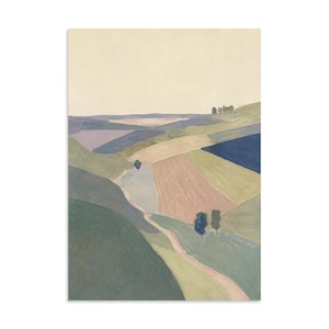 May include: A landscape painting featuring rolling hills and fields in muted tones of sage green, dusty pink, beige, and deep blue. A winding dirt path leads through the center of the valley, punctuated by a few small, dark green trees.