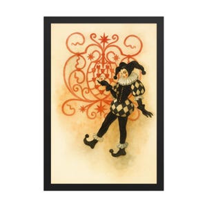 MASQUERADE DE COEUR (encadré) - art mural bouffon surréaliste, impression aquarelle arlequin, décoration surréaliste moderne, affiche de cartes à jouer vintage
