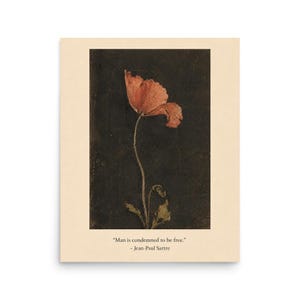 Red Poppy Print, Vintage Botanical Wall Art, Sartre Quote Poster, Dark Moody Library Decor, Existential Flower Art