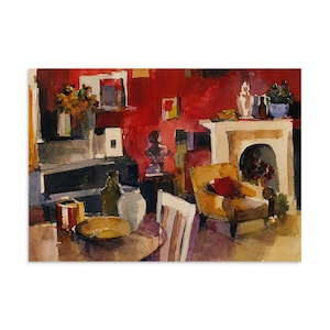 May include: A watercolor painting depicting an interior room with a vibrant red wall, a fireplace, and a yellow armchair. The foreground features a round table with a bowl, a white vase, and a dark bottle, set against a dark piano and chair.