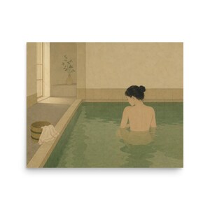 May include: A digital illustration depicts a person with dark hair in a bun, seen from behind, submerged in a large, rectangular indoor pool with muted green water. A wooden bucket with a white cloth sits on the edge of the pool near a doorway.