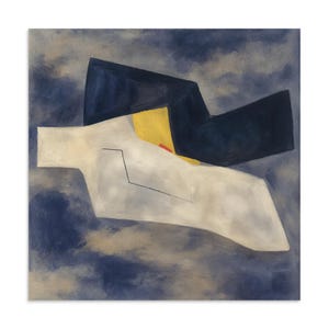May include: An abstract painting featuring a large, off-white, angular shape centered against a dark, mottled blue background. A sharp, dark navy blue geometric form overlaps the top, with a small yellow accent and a thin red line visible.