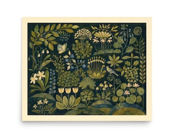 Botanical Tapestry Print, Folk Art Wall Art, Forest Green Meadow Poster, Cozy Vintage Living Room Decor, William Morris Landscape Art