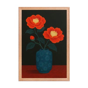 SILENCIO ARDIENTE (Enmarcado): Lámina botánica moderna, póster de jarrón con flores rojas, bodegón pictórico, decoración de pared para galerías de hogar contemporáneo.