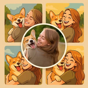 Puede incluir: Ilustración digital de una mujer sonriente abrazando a un perro corgi. El perro tiene pelaje naranja y blanco y una lengua rosa. La mujer tiene el pelo largo y castaño y lleva una camiseta verde. La imagen tiene una paleta de colores cálidos.