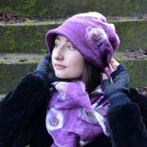 Purple Felted beanie and Scarf set Felt scarf Neck warmer Handmade Art to wear Cobweb scarf light weight Hand Felted hat, Reversible image 1