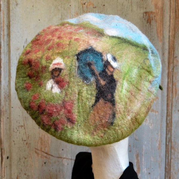 Handmade wool felt Fine Art Beret hat inspired by Poppy field by Claude Monet gift for her
