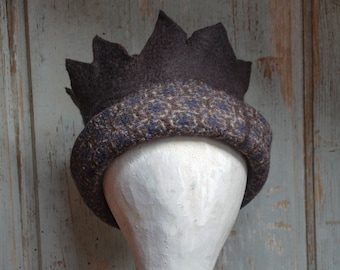 A handmade  brown felt hat in a style of a crown, made with merino wool and fabric, a warm hat unique gift for her