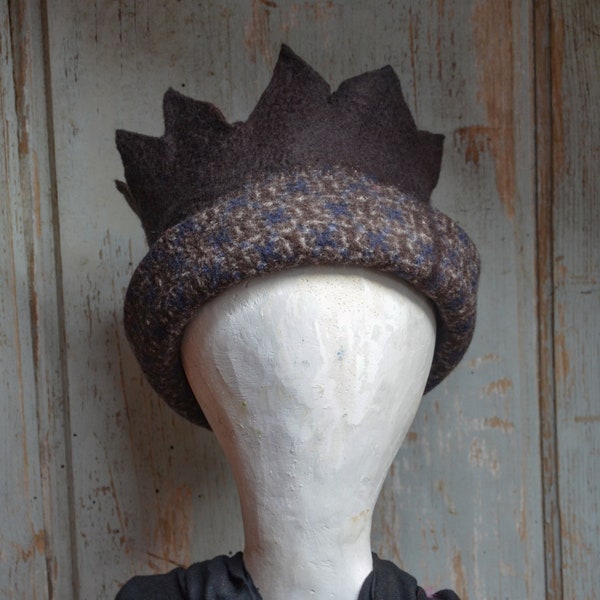 A handmade  brown felt hat in a style of a crown, made with merino wool and fabric, a warm hat unique gift for her
