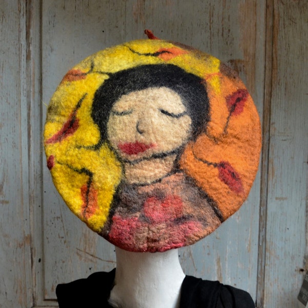 Wool felt art beret portrait of a Young Women felt beret  wool hat for winter Chapeau