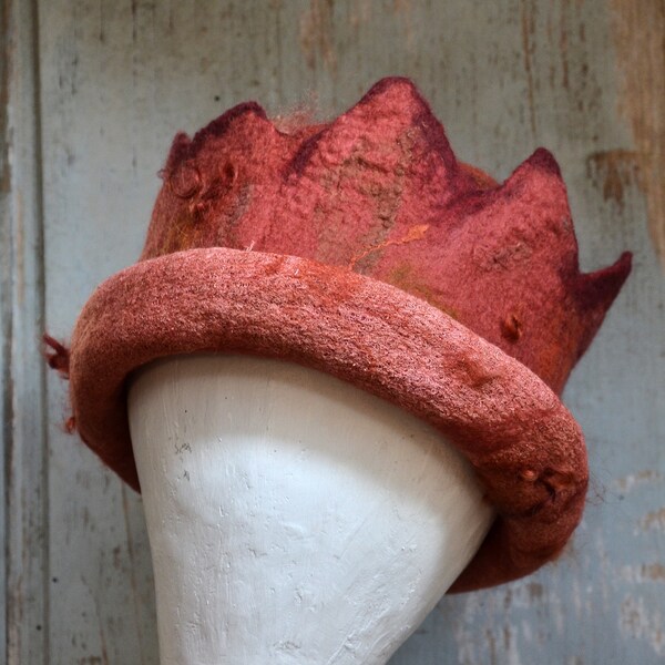 A handmade coral felt hat in a style of a crown, Made with merino wool and fabric, A wearable art unique gift for her
