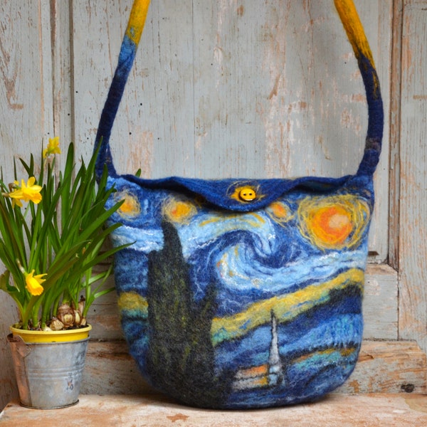 Starry night felt wool purse, felt cross handbag art to wear, shoulder bag for artists, special unique gift