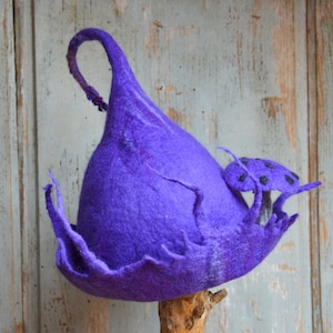 Magical Wool Purple Hat with Mushroom - Festive headwear, Hat for Wizard & Witch Costumes