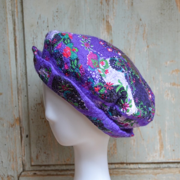 Purple retro beret hat nuno felted bonnet for women, vintage style gift for her