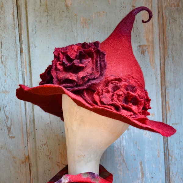Romantic red witch wool hat with three flower pins felt wizard magic hat Unique unisex hat costume hat tall pointed hat