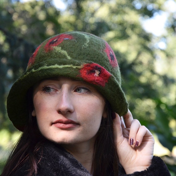 Green Cloche Hat With Poppies Handmade 