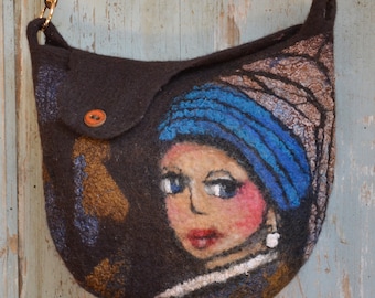 Brown wool purse, felt crossbody handbag art to wear, shoulder bag for artists, special unique gift