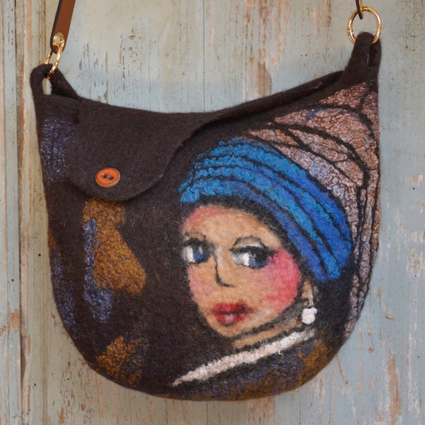 Brown wool purse, felt crossbody handbag art to wear, shoulder bag for artists, special unique gift