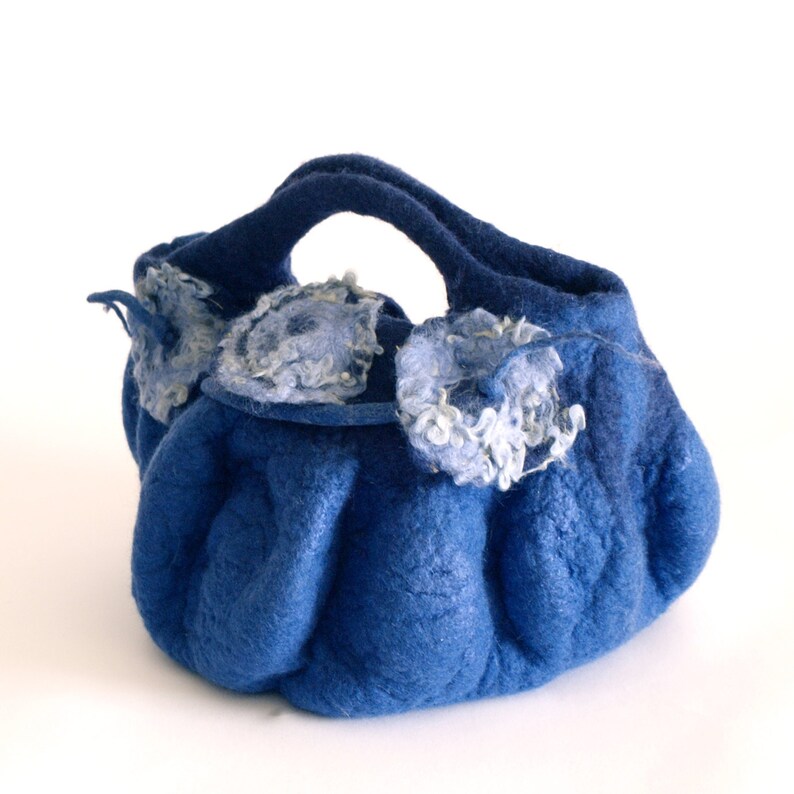 Felt bag Hobo bag small felt purse blue felt handbag fiber art bucket bag blue felt flowers handmade bag Unique purse image 5