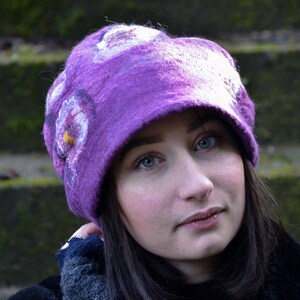 Purple Felted beanie and Scarf set Felt scarf Neck warmer Handmade Art to wear Cobweb scarf light weight Hand Felted hat, Reversible image 2