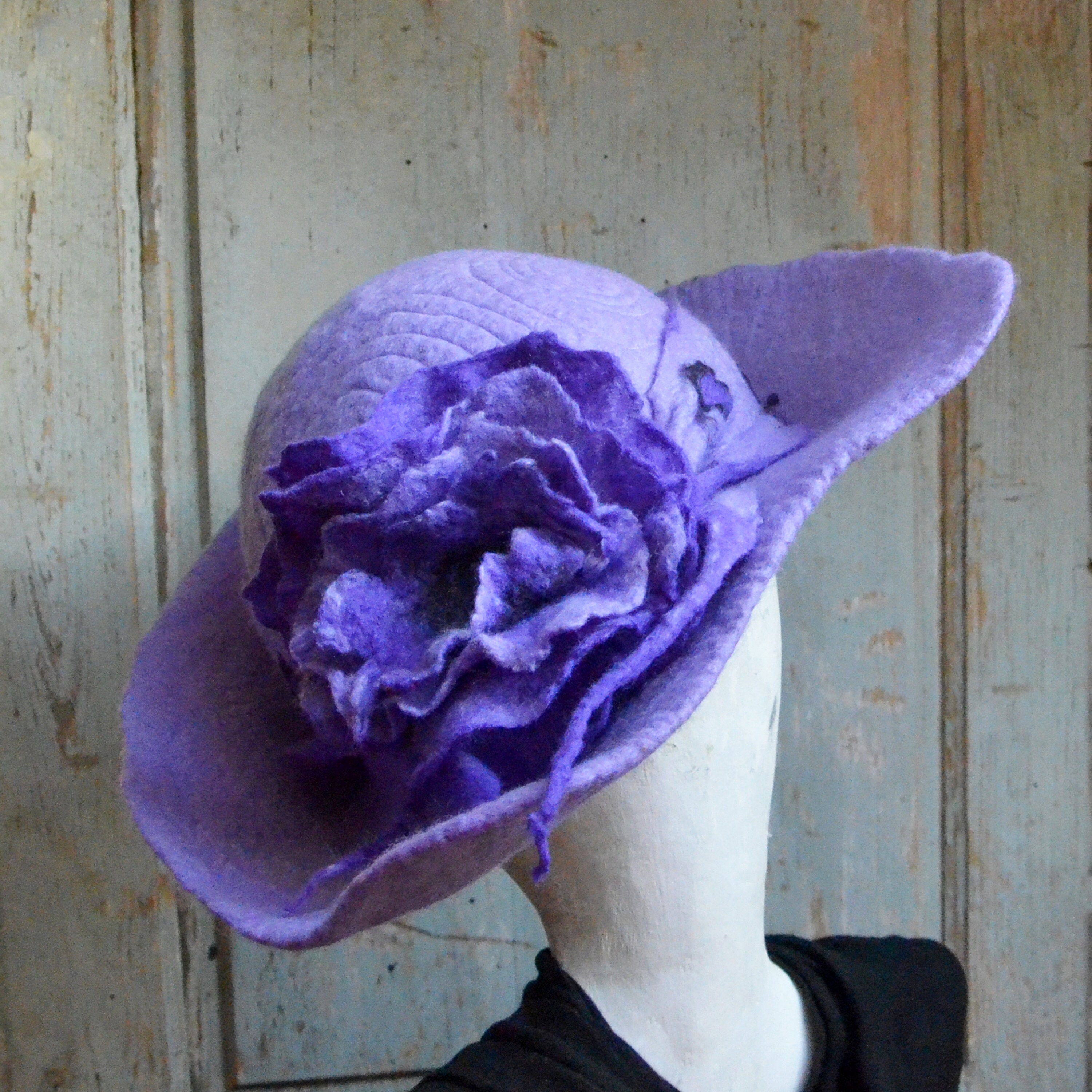 Handmade Wide Brim Wool Hat, Lilac Felted Hat With Floral  display picture 3