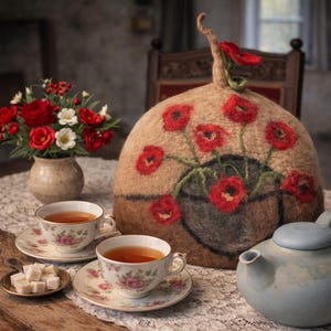 Cosy à thé en laine feutrée - Chauffe-théière coquelicot rouge, Cosy à thé floral fait main