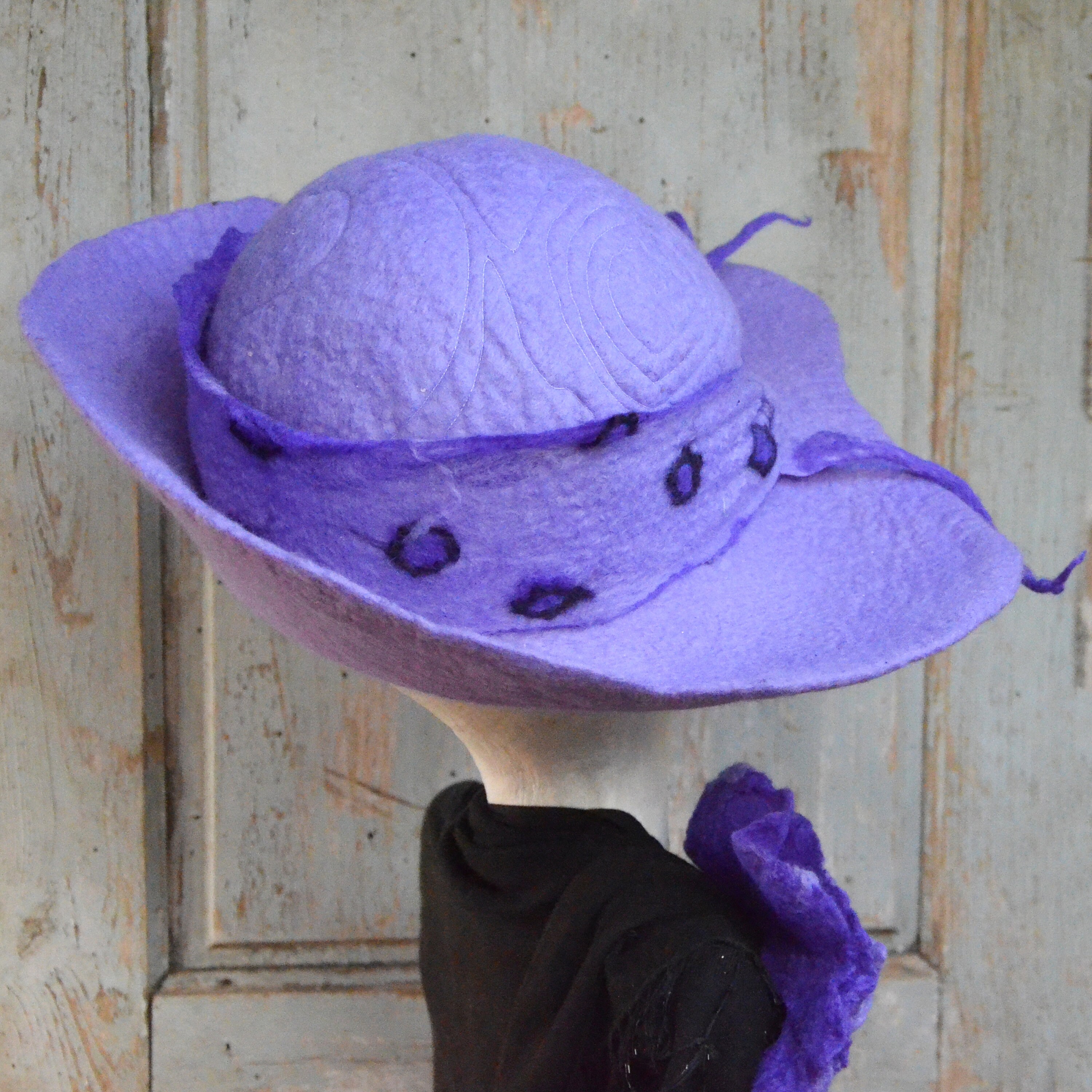 Handmade Wide Brim Wool Hat, Lilac Felted Hat With Floral  display picture 2