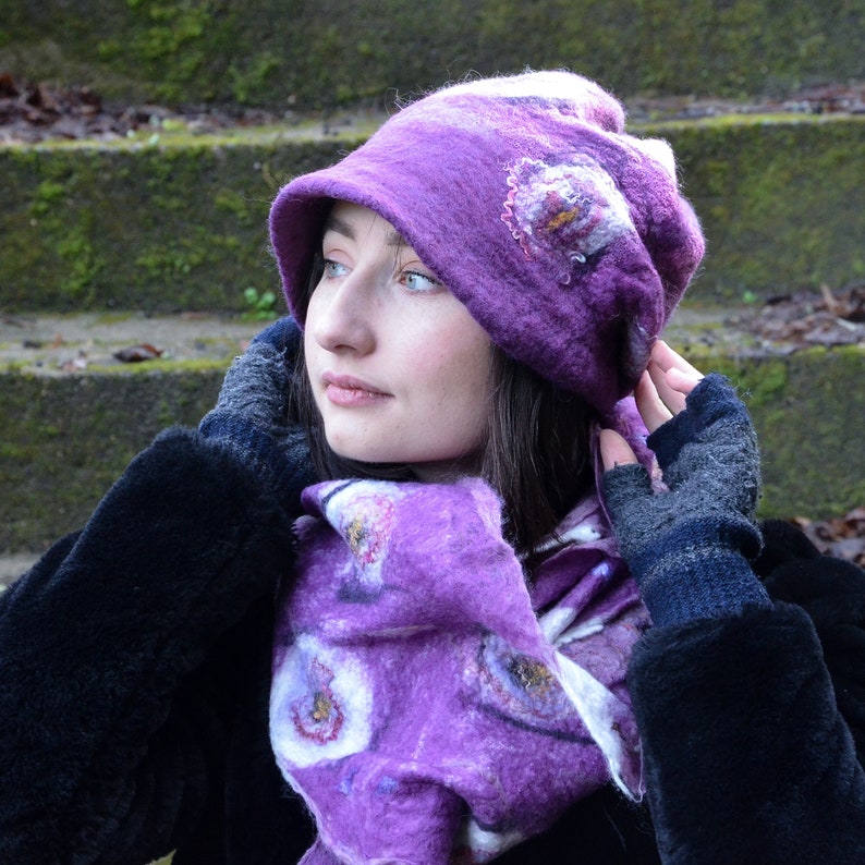 Purple Felted beanie and Scarf set Felt scarf Neck warmer Handmade Art to wear Cobweb scarf light weight Hand Felted hat, Reversible image 1