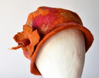 Orange wool beanie unique handmade  felt hat for women, nuno felted with a abstract fabric original gift for her.