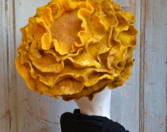 Handmade Wool Fascinator Beret Hat, Sunflower Yellow, Flower Petals