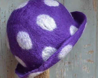 Purple Polka Dot cloche hat, wool warm hat for women, Urban Style Hat