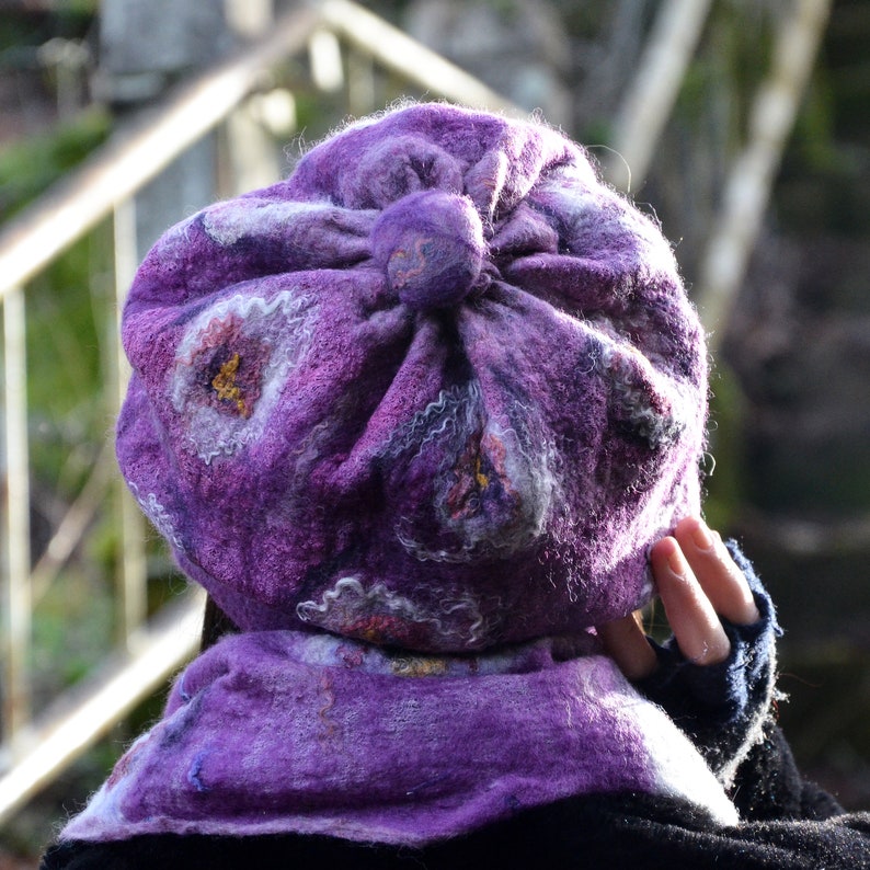 Purple Felted beanie and Scarf set Felt scarf Neck warmer Handmade Art to wear Cobweb scarf light weight Hand Felted hat, Reversible image 6