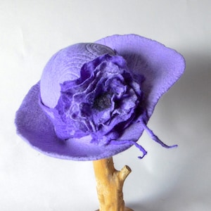 Handmade Wide Brim Wool Hat, Lilac Felted Hat with Floral Detail, Unique Millinery, Wedding or Race Day Hat, Gift for Her