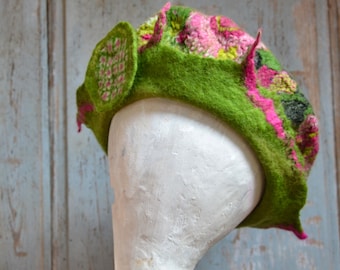 Beret Hat for Women, Wool felt beret hat with flowers, Nuno felted bonnet for women, winter hat Gifts, Anniversary gifts