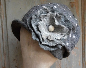 Retro nuno felted grey polka dot beanie made with merino wool, Slouchy hat, gift for her