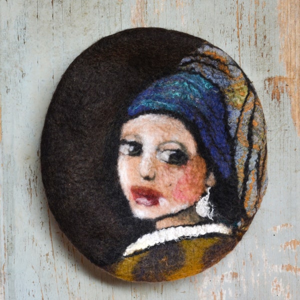 Wool felt beret portrait of a Young Women , wearable art portrait painting with wool, art gift