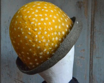 Yellow Polka Dot Cloche Hat, Felted Wool Hat, Woolen Hat, Unique Gift, Women's Winter Hat, Autumn Hats, Vintage Wear